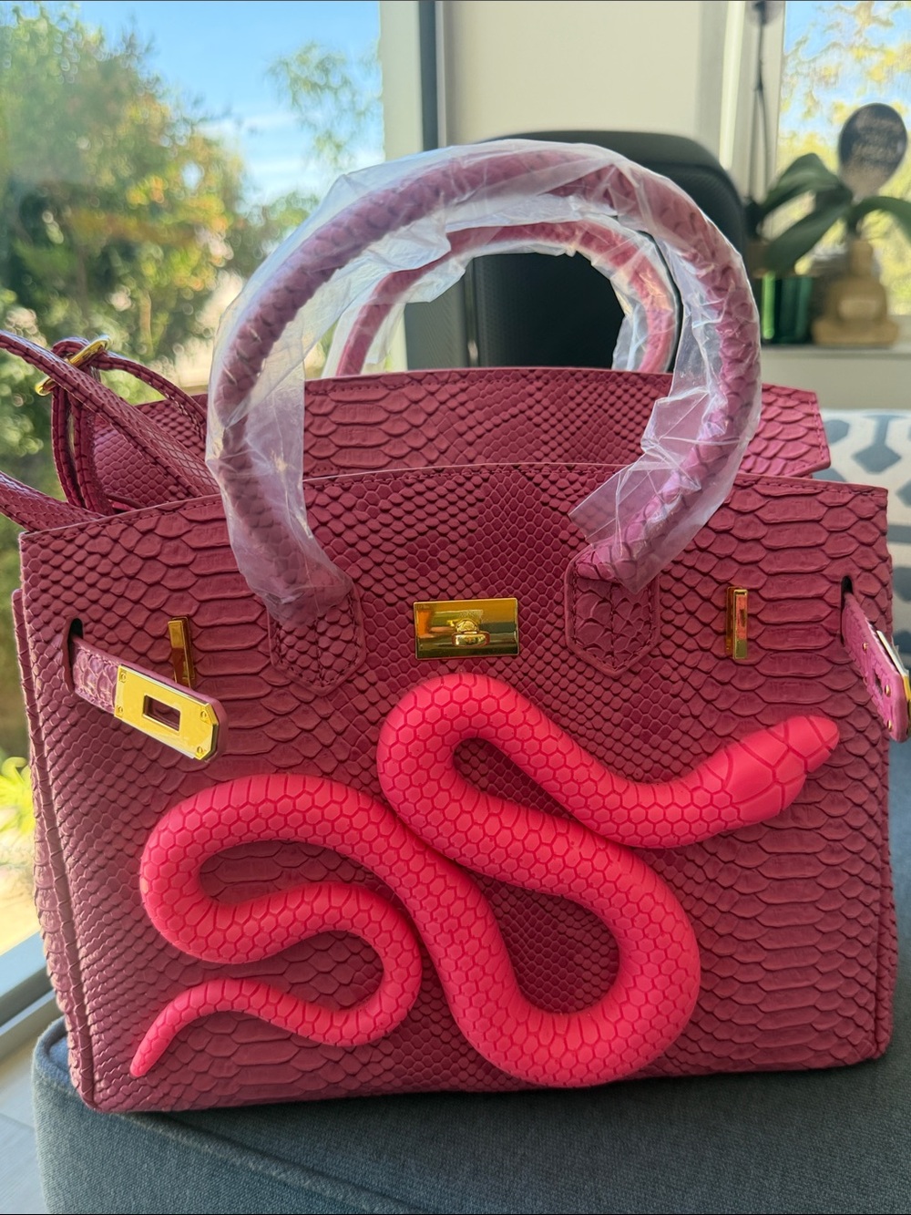 Pink Snake-Appliqué Textured Top-Handle Satchel